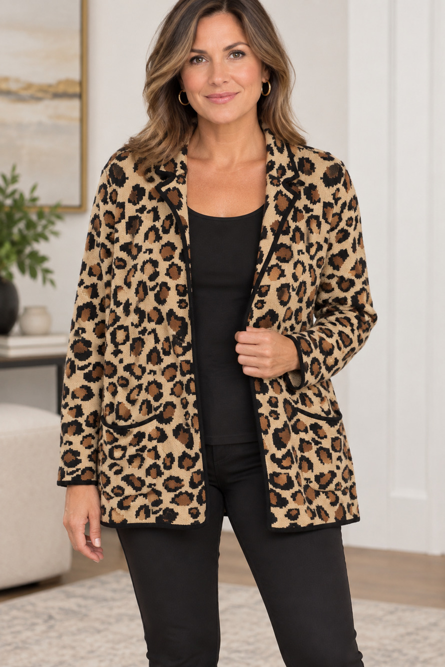 Talbots Women's LP Wool Blend Leopard Print Open Front Cardigan Jacket Pockets